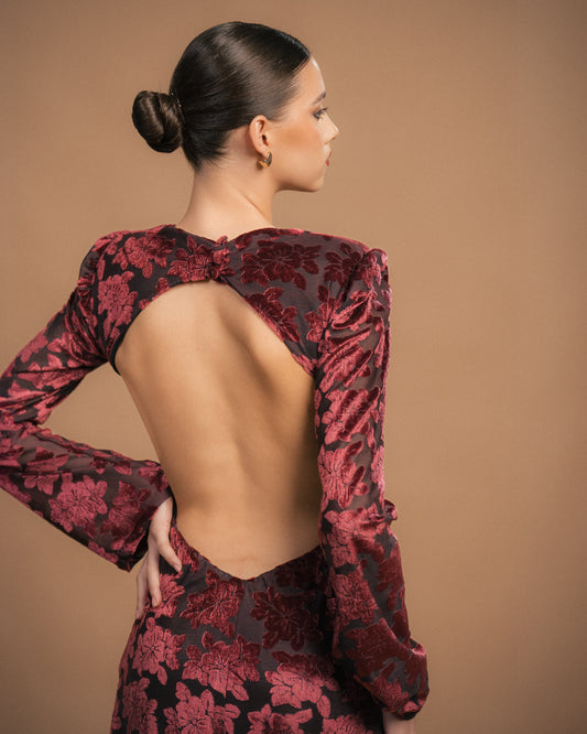 VESTIDO VELUDO COMPRIDO FLORAL