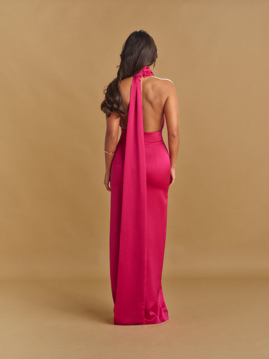 VESTIDO FLOR GOLA RACHA LATERAL ACETINADO