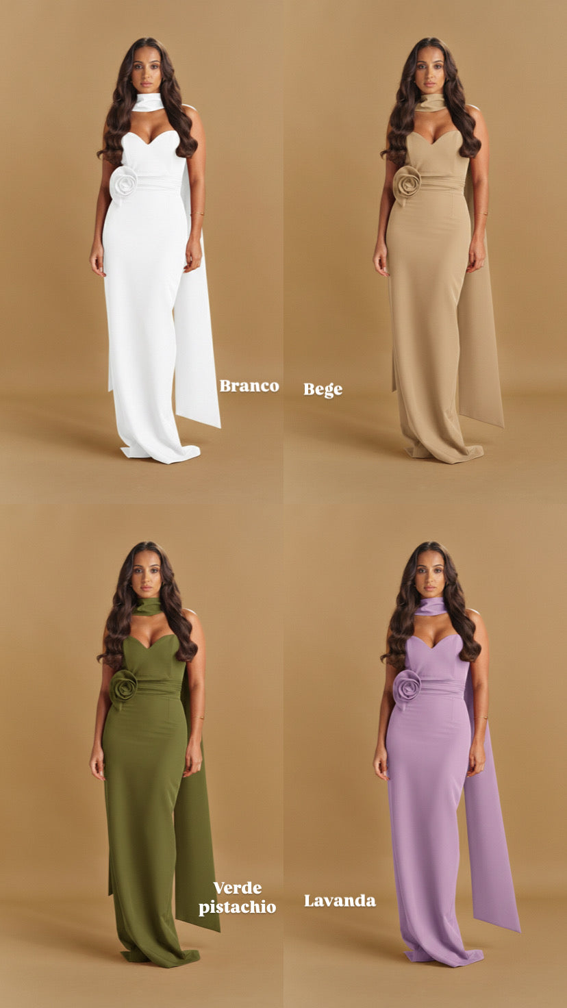 VESTIDO FLOR CINTA LADO COM ECHARPE