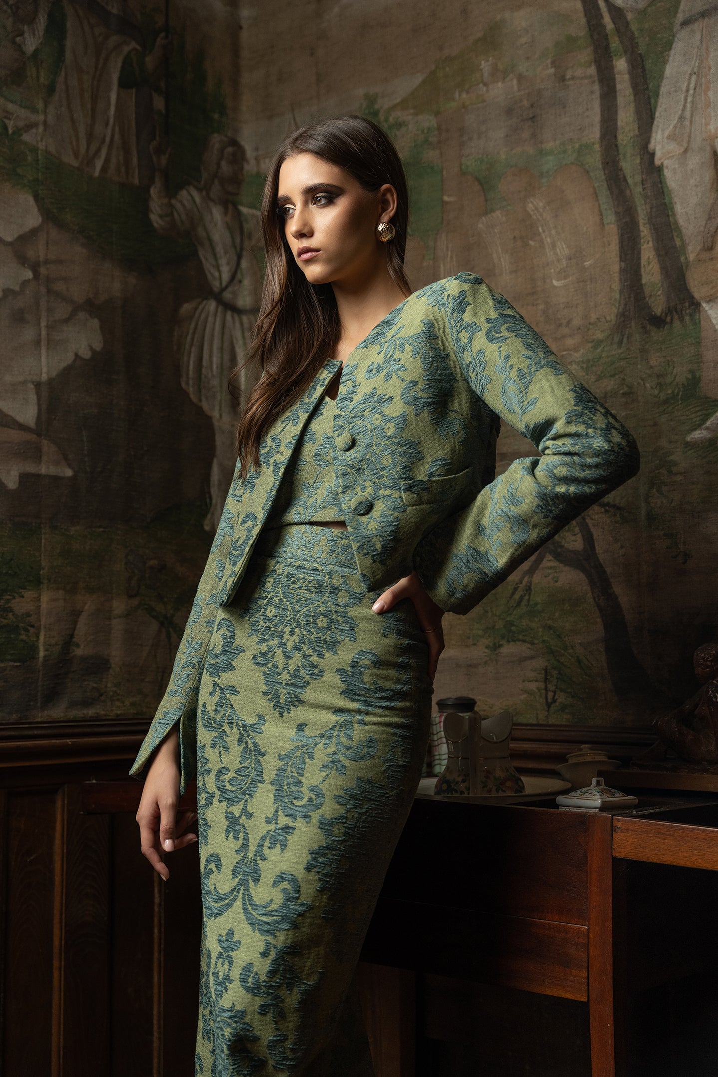 Floral jacquard cropped coat
