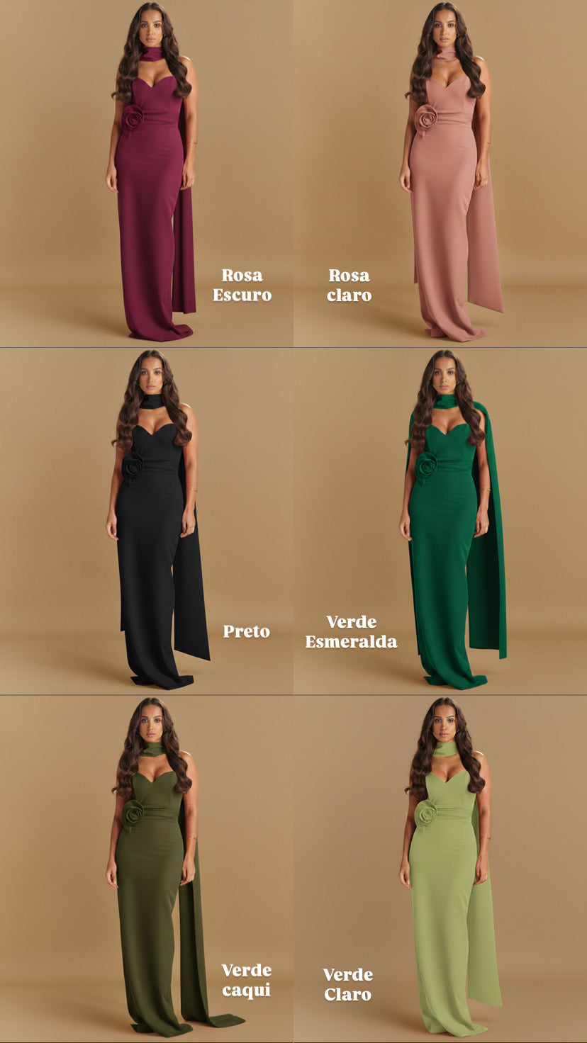 VESTIDO FLOR CINTA LADO COM ECHARPE