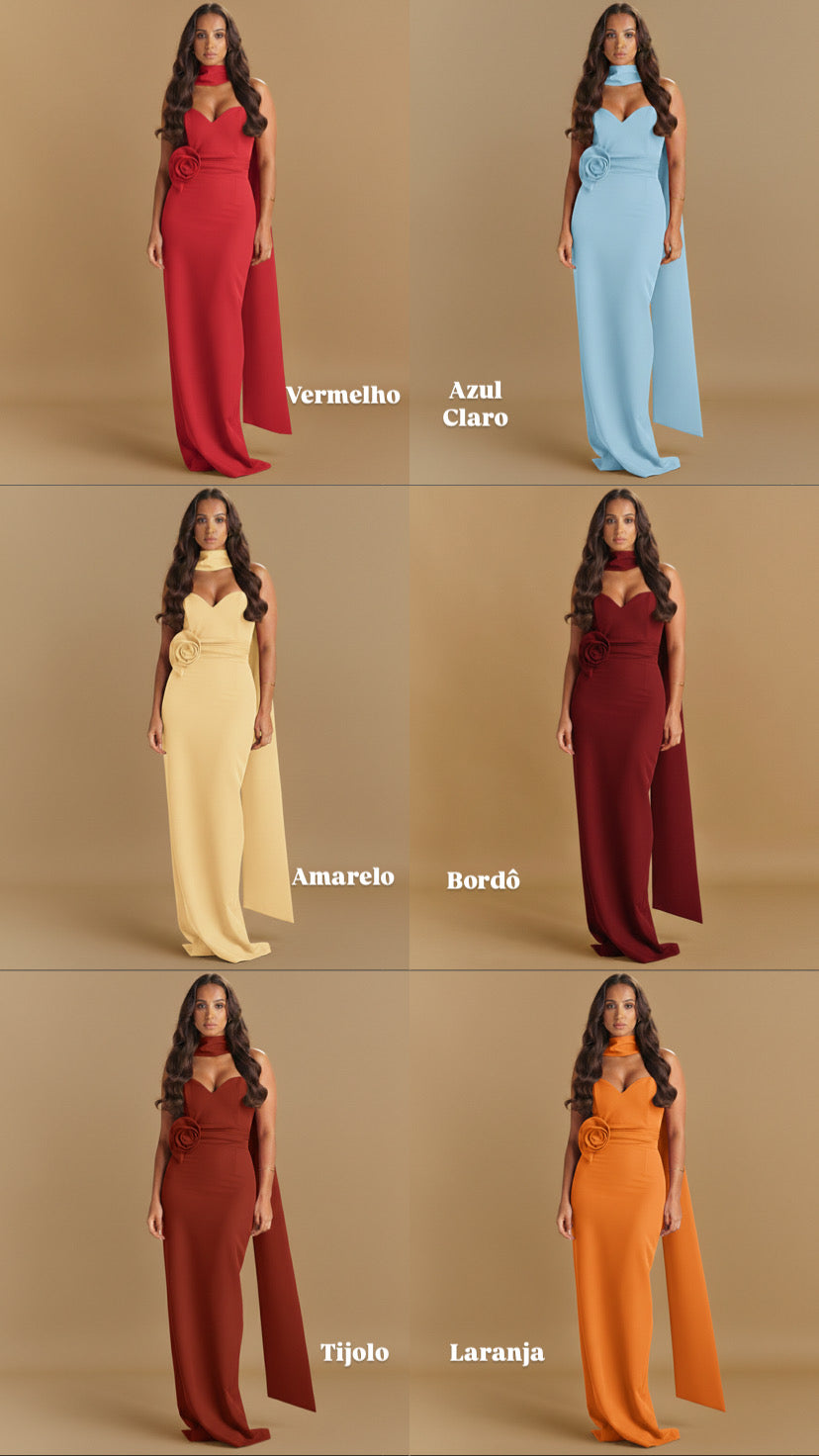 VESTIDO FLOR CINTA LADO COM ECHARPE