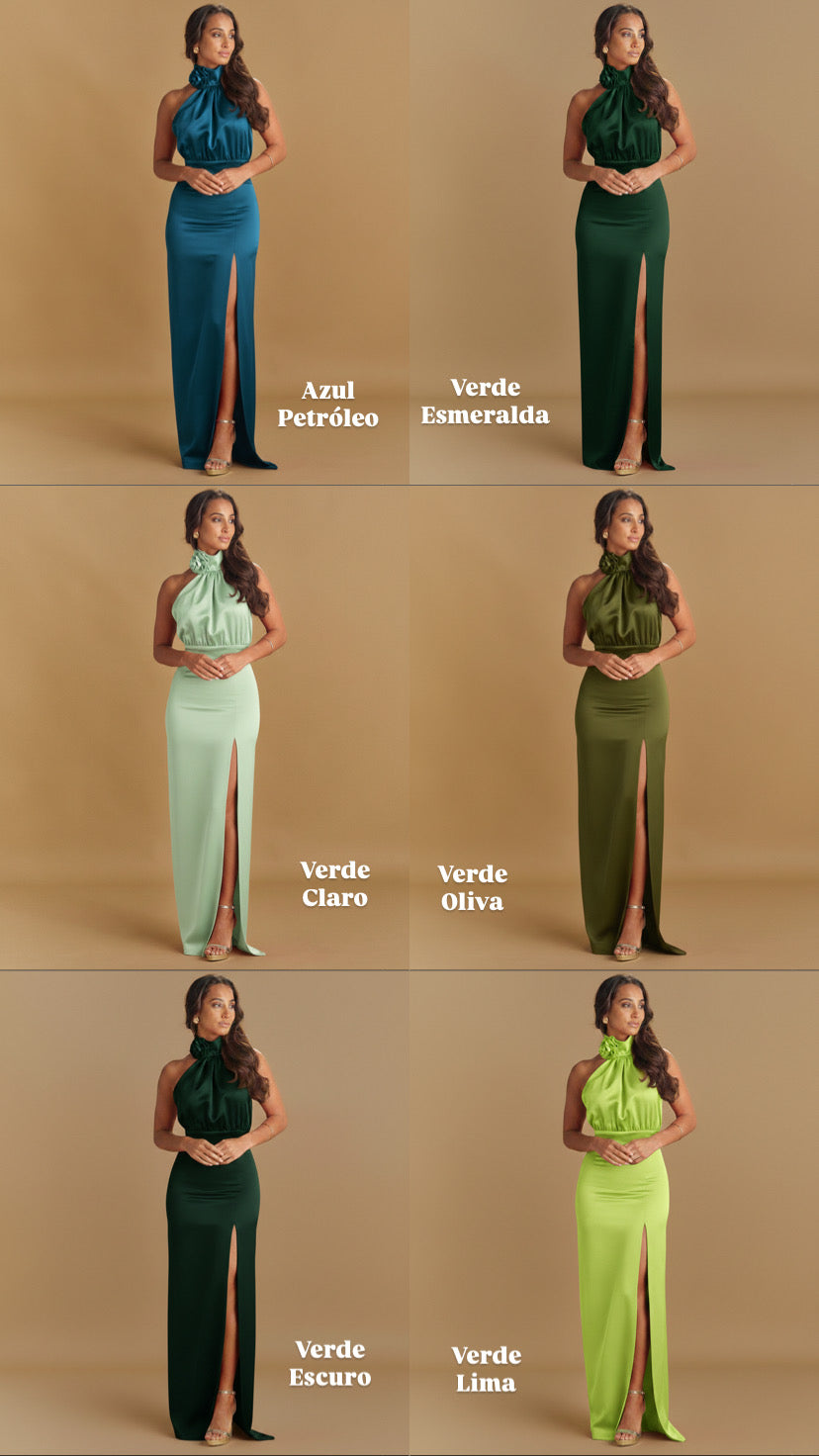 VESTIDO FLOR GOLA RACHA LATERAL ACETINADO