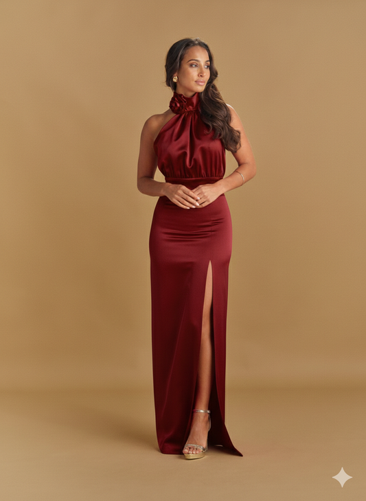 VESTIDO FLOR GOLA RACHA LATERAL ACETINADO