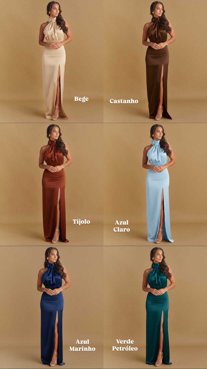 VESTIDO FLOR GOLA RACHA LATERAL ACETINADO