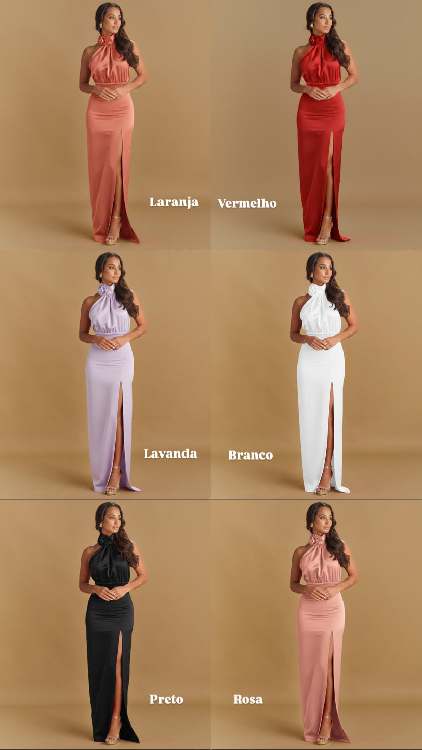 VESTIDO FLOR GOLA RACHA LATERAL ACETINADO